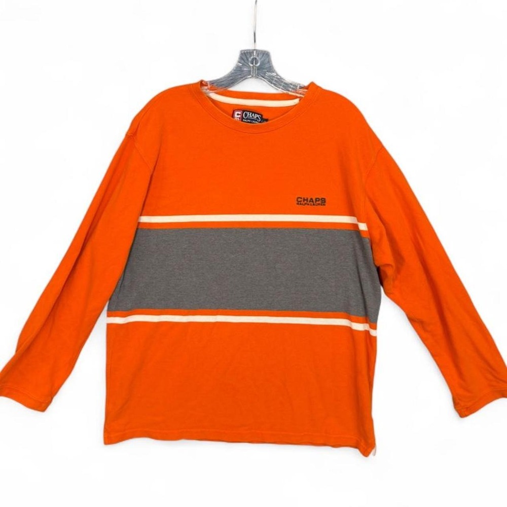Vintage Chaps Ralph Lauren Mens Large Orange Grey Striped Long Sleeve Shirt
